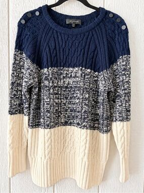 St. John Navy Cream Colorblock Marled Cable Knit 100% Wool Sweater Size M